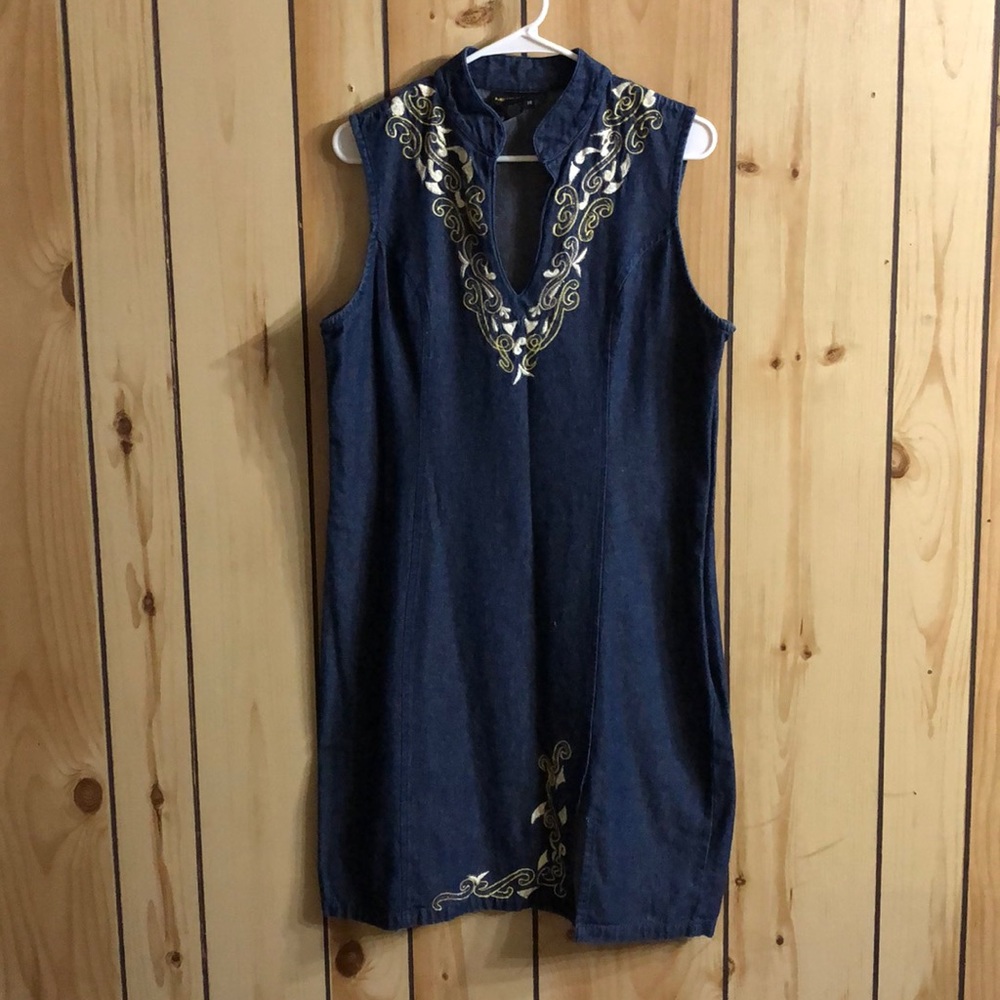 Short Denim Dress Beautifully Embroidered Size 14